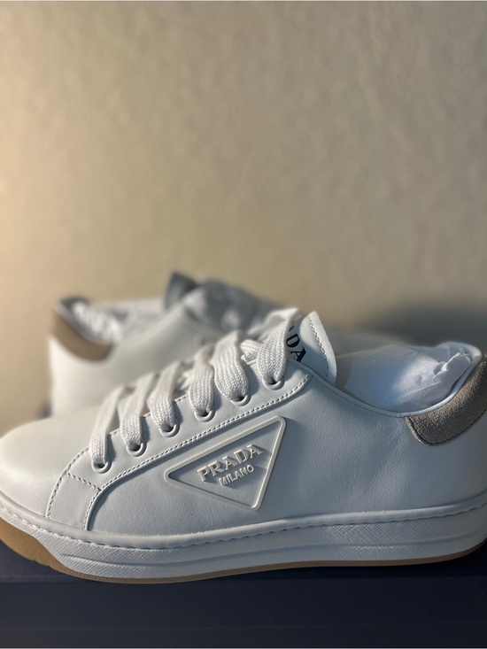 Prada Shoes - Prada White Leather Women’s Sneakers with Tan Sole and Gray Heel Tab